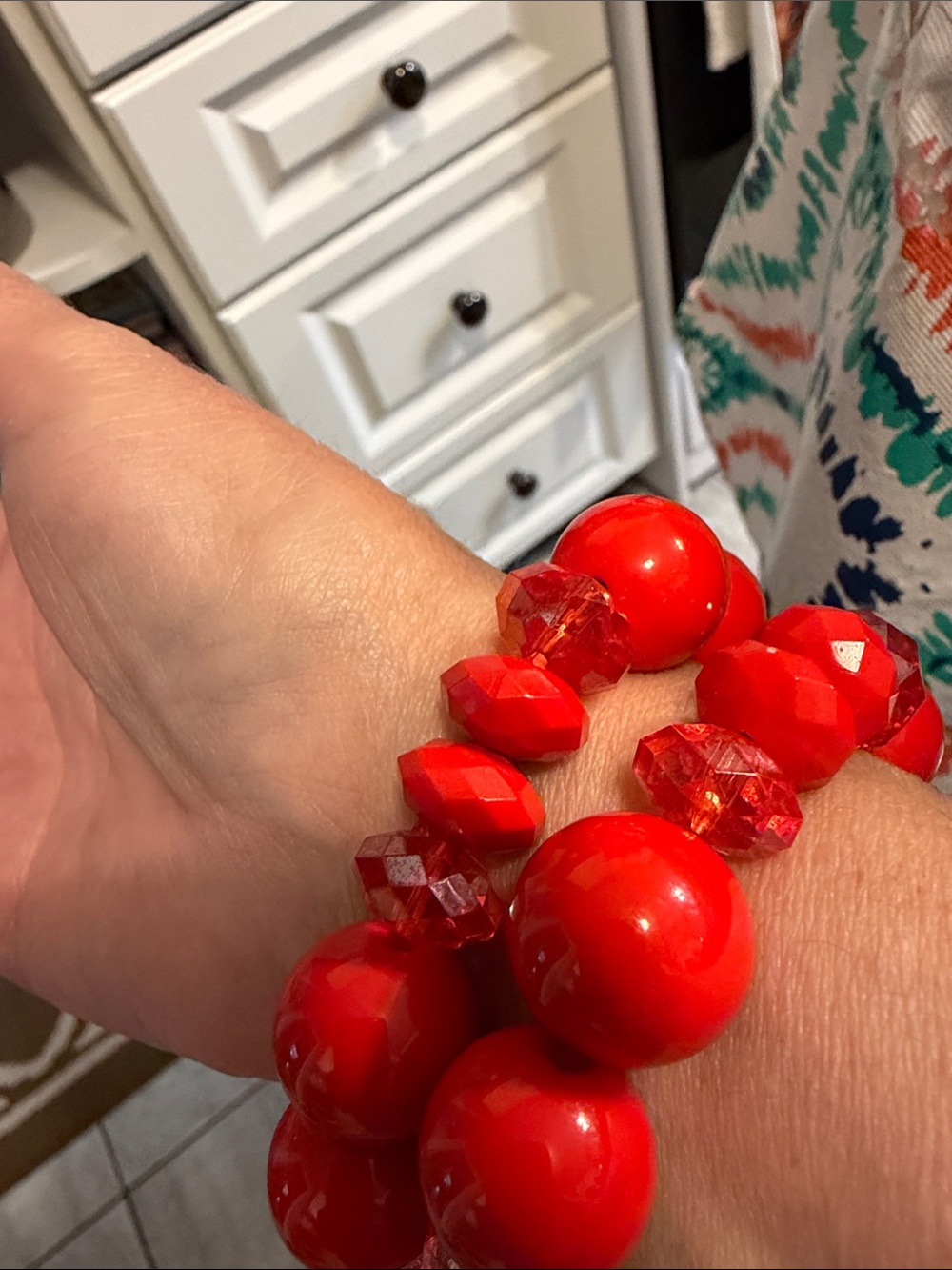Vintage Red Beaded Stretch Bracelet Set - acrylic good stretch on both; 6”-8”